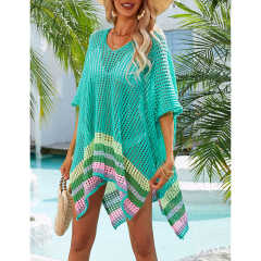 Blue Hollw-out Colorblock Hem V Neck Beach Cover TQX650055-5