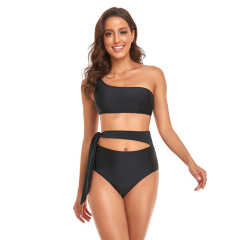Black One Shoulder Tie Waist Bikini Swimwear TQK610297-2