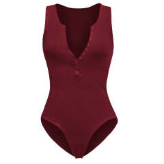 Wine Red Button-up Rayon Sleeveless Bodysuit TQK550296-23