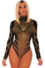 Black Gold Rhinestone Faux Bustier Mesh Long Sleeves Bodysuit LC32210-2