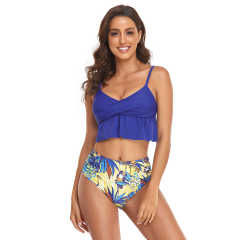 Blue Printed Ruffle Tie Back Tankini Swimwear TQK610301-5