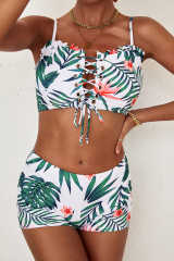 Green Tropical Print Lace-up Ruffled Spaghetti Strap Bikini Set LC432038-9