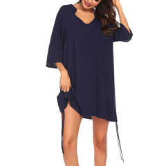 Navy Blue V Neck Drawstring Beach Cover Dress TQK650071-34