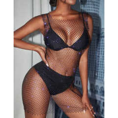 Navy Blue Rhinestone Fishnet Mesh Hollow-out Swimwear Beach Cover Dress TQK310732-34