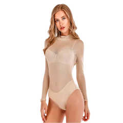Apricot Sheer Mesh High Collar Long Sleeve Bodysuit TQK550286-18