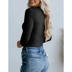 Black U Neck Ribbed Long Sleeve Bodysuit TQV220126-2