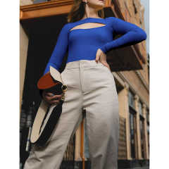 Royal Blue Ribbed Cut-out Long Sleeve Bodysuit TQV220110-62