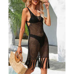 Black Tassel Knitted Hollw-out Sleeveless Beach Cover TQK311534-2