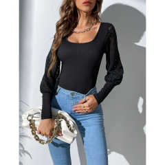Black Spliced Lace Long Sleeve Bodysuit TQV220114-2
