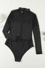 Black Mesh Silver Studded Mock Neck Bodysuit LC32211-2