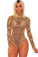 Khaki Black Rhinestone Faux Bustier Mesh Long Sleeves Bodysuit LC32210-16