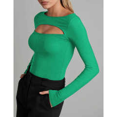 Green Ribbed Cut-out Long Sleeve Bodysuit TQV220110-9