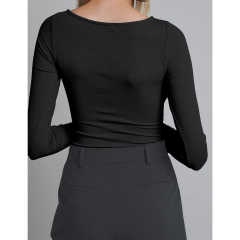 Black Ribbed Cut-out Long Sleeve Bodysuit TQV220110-2