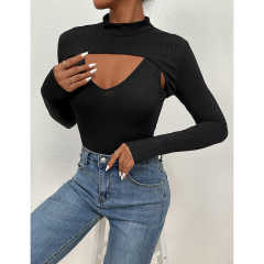Black Mock Neck Cut-out Ribbed Long Sleeve Bodysuit TQV220133-2
