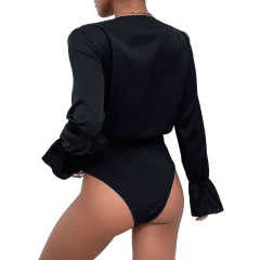 Black V Neck Wrap Long Sleeve Bodysuit TQV220137-2