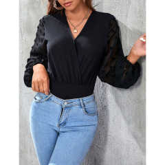 Black V Neck Splicing Swiss Dot Mesh Long Sleeve Bodysuit TQV220115-2