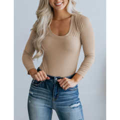 Apricot U Neck Ribbed Long Sleeve Bodysuit TQV220126-18