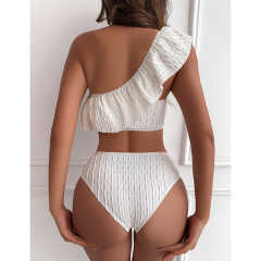 White Ribbed Ruffle One-shoulder Bikini Set TQX610025-1