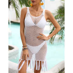 White Tassel Knitted Hollw-out Sleeveless Beach Cover TQK311534-1