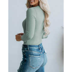 Greyish Green U Neck Ribbed Long Sleeve Bodysuit TQV220126-50