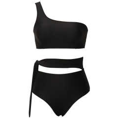 Black One Shoulder Tie Waist Bikini Swimwear TQK610297-2