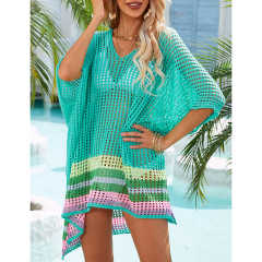 Blue Hollw-out Colorblock Hem V Neck Beach Cover TQX650055-5