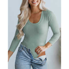 Greyish Green U Neck Ribbed Long Sleeve Bodysuit TQV220126-50