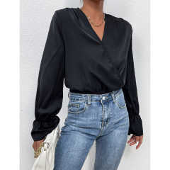 Black V Neck Wrap Long Sleeve Bodysuit TQV220137-2