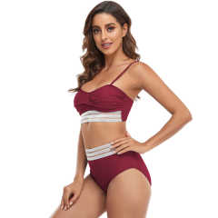 Wine Red Twist Front Splicing 2pcs Bikini Set TQK610271-23