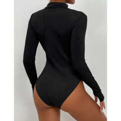 Black Mock Neck Cut-out Ribbed Long Sleeve Bodysuit TQV220133-2