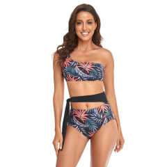 Red One Shoulder Tie Waist Bikini Swimwear TQK610297-3