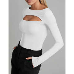 White Ribbed Cut-out Long Sleeve Bodysuit TQV220110-1
