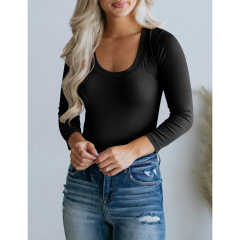 Black U Neck Ribbed Long Sleeve Bodysuit TQV220126-2