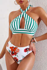 Striped Floral Print Backless Halter Neck Bikini Set LC433019-9