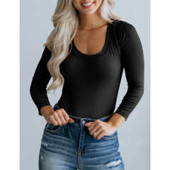 Black U Neck Ribbed Long Sleeve Bodysuit TQV220126-2