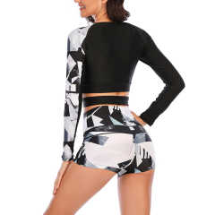 Black White Printed Long Sleeve Crop Top 2pcs Swimsuit TQK610226-37