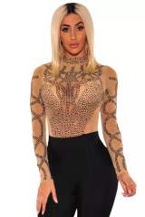 Khaki Black Rhinestone Faux Bustier Mesh Long Sleeves Bodysuit LC32210-16