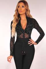 Black Sheer Silver Rhinestone Studded Mock Neck Zipper Bodysuit LC32482-2