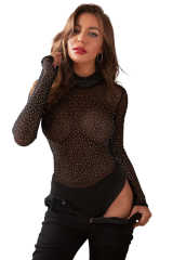 Black Mesh Silver Studded Mock Neck Bodysuit LC32211-2