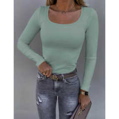 Greyish Green U Neck Ribbed Long Sleeve Bodysuit TQV220126-50