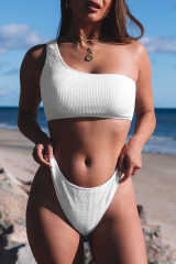 White Crinkle Textured Asymmetric One Shoulder Bikini Swimsuit LC433536-1