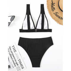 Black Solid V Neckline 2 Piece Bikini Set TQK610269-2