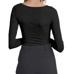 Black Ribbed Cut-out Long Sleeve Bodysuit TQV220110-2