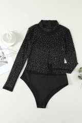 Black Mesh Silver Studded Mock Neck Bodysuit LC32211-2