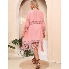 Pink Solid Crochet Splice Tassel Kimono Beach Cover TQK650118-10