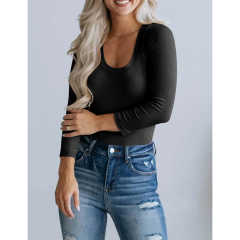 Black U Neck Ribbed Long Sleeve Bodysuit TQV220126-2