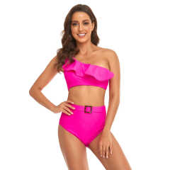 Rosy One Shoulder Ruffle Bikini Swimwear TQK610299-6