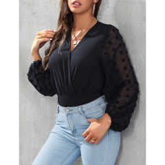 Black V Neck Splicing Swiss Dot Mesh Long Sleeve Bodysuit TQV220115-2