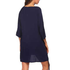 Navy Blue V Neck Drawstring Beach Cover Dress TQK650071-34