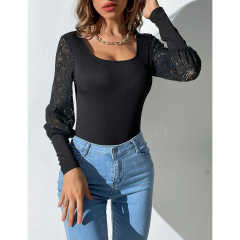 Black Spliced Lace Long Sleeve Bodysuit TQV220114-2